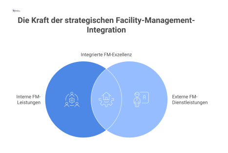 Diagramm des Facility Managements als zentraler Hub mit internen Bereichen, Schnittstellen zu IT und Kerngeschäft sowie der Unterscheidung zwischen internen Vereinbarungen und externen Verträgen.