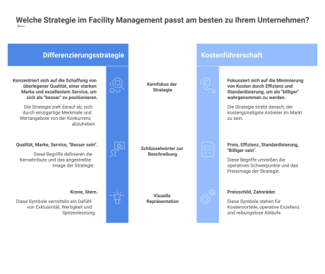  Infografik, die zwei Facility Management Strategien vergleicht: Links die Differenzierungsstrategie mit Krone, rechts die Kostenführerschaft mit Preisschild.