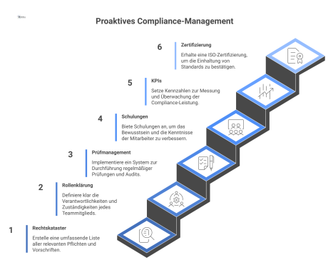 Infografik, die sechs verbundene Säulen des proaktiven Compliance-Managements zeigt: Rechtskataster, Rollenklärung, Prüfmanagement, Schulungen, KPIs und Zertifizierung, jeweils mit Icons. 