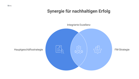Diagramm, das die wechselseitige Beziehung zwischen Haupt- und FM-Strategie durch zwei verbundene Boxen und einen kontinuierlichen Anpassungskreislauf darstellt. 