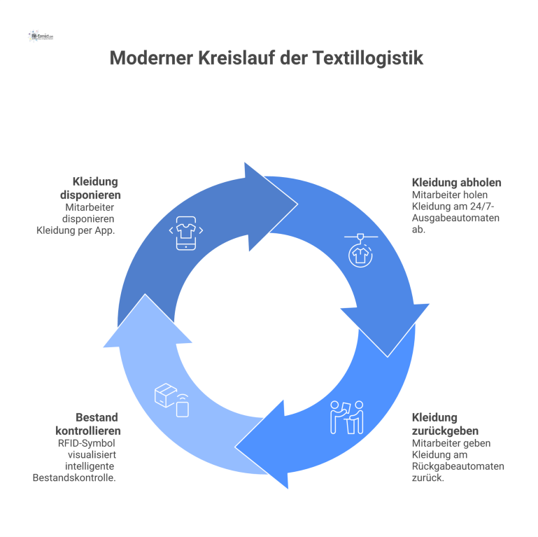 Moderner Kreislauf der Textillogistik Diagramm eines modernen Kreislaufs der Textillogistik: Mitarbeiter disponiert Kleidung per App und nutzt Ausgabe- sowie Rückgabeautomaten mit RFID-Kontrolle.