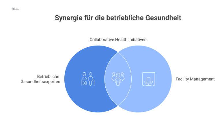 Infografik zur Zusammenarbeit für betriebliche Gesundheit, die die Akteure Betriebsarzt, Gesundheitsbeauftragter und das hierarchisch gegliederte Facility Management zeigt.