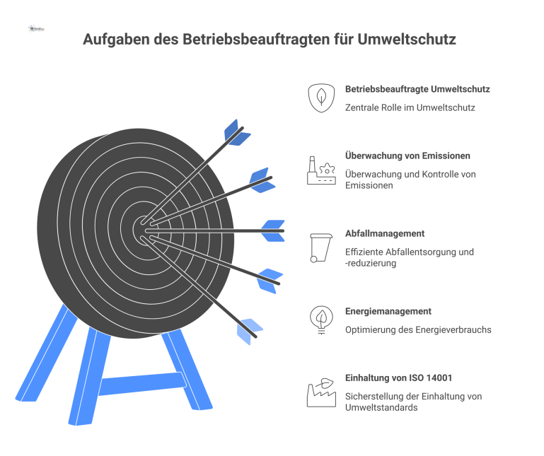 Infografik zeigt die Kernaufgaben des Betriebsbeauftragten für Umweltschutz und die hierarchische Zusammenarbeit mit den Ebenen des Facility Managements. 