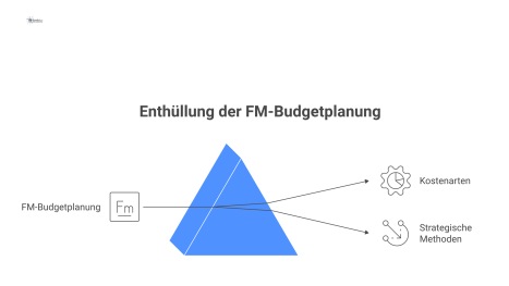  Infografik zur Budgetplanung im Facility Management, die direkte, indirekte und Übergangskosten sowie strategische Methoden wie Benchmarking darstellt.