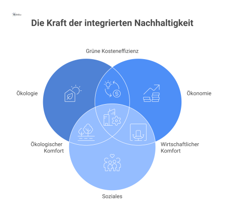 Diagramm der drei Säulen der Nachhaltigkeit (Ökologie, Ökonomie, Soziales), die von der DGNB als Treiber ausgehen und nachhaltiges Facility Management stützen.