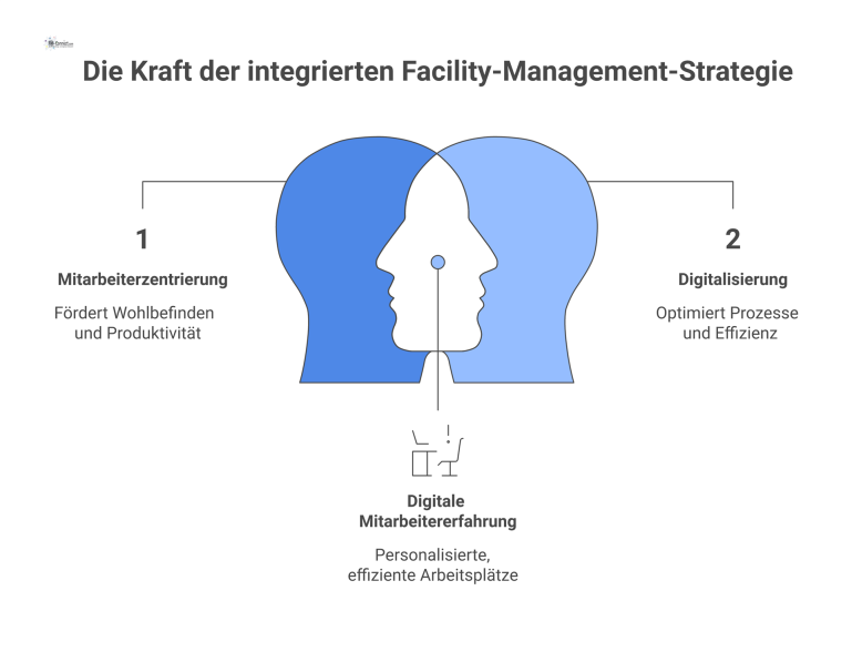 Diagramm einer Facility-Management-Strategie als Ökosystem mit einem Neubau im Zentrum, umgeben von Mitarbeiterzentrierung, Digitalisierung, Nachhaltigkeit und effizientem Betrieb. 