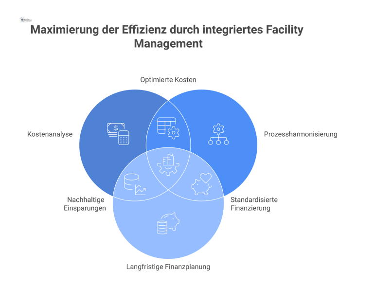 Infografik, die das zentrale Element Effizienz zeigt, umgeben von fünf strategischen Säulen: Kostenanalyse, Prozessharmonisierung, Finanzplanung, Automatisierung und Synergieoptimierung.