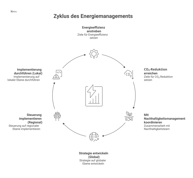 Konzeptdiagramm des Energiemanagementbeauftragten im Zentrum, mit seinen Zielen der Energieeffizienz und CO₂-Reduktion sowie der Zusammenarbeit mit dem Facility-Management. 