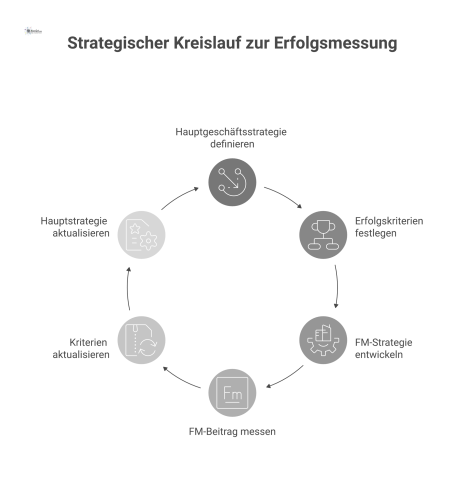 Ein Flussdiagramm, das den strategischen Kreislauf zur Erfolgsmessung zeigt, von der Hauptgeschäftsstrategie über Erfolgskriterien zur FM-Strategie und zurück.