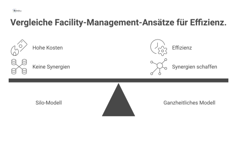  Infografik vergleicht ein ineffizientes Silo-Modell mit einem ganzheitlichen Facility-Management-Modell, das durch zentrale Steuerung Synergien und Effizienz schafft. 