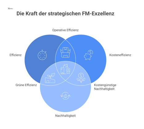  Infografik der 'FM Exzellent' Strategie, die zeigt, wie KI und KPIs helfen, die Ziele Effizienz und Nachhaltigkeit zu erreichen.