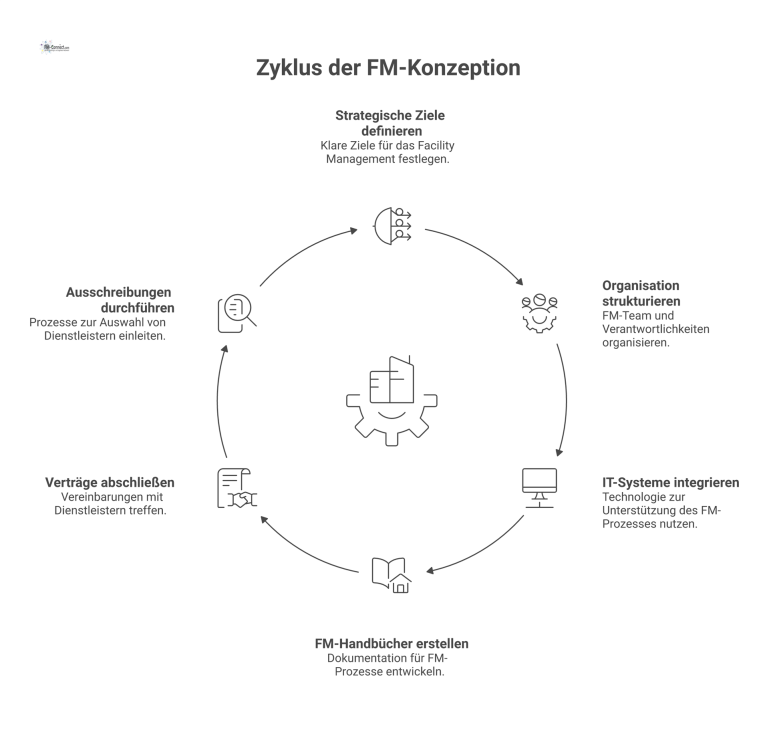 Visualisierung des Prozesses der FM-Konzeption Diagramm des FM-Konzeptionsprozesses, bei dem ein zentraler Hub Vorgaben wie Ziele und Organisation mit Ergebnissen wie Handbüchern verbindet.