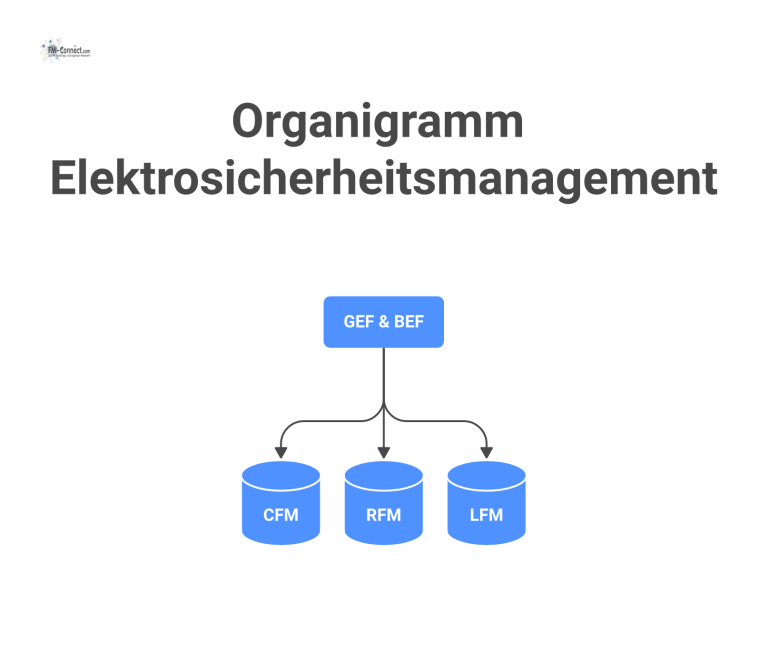Organigramm zur Zusammenarbeit von GEF & BEF und der dreistufigen FM-Hierarchie (CFM, RFM, LFM) im Elektrosicherheitsmanagement. 