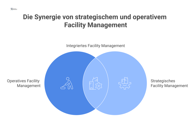 Infografik, die strategisches und operatives Facility Management gegenüberstellt, inklusive Aufgaben, Zeithorizont und Icons für strategische Kernkompetenzen wie Analytik. 