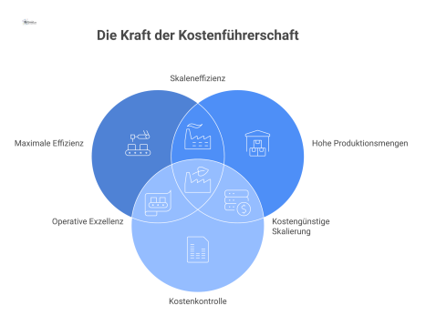  Infografik zur Kostenführerschaft mit den Säulen Effizienz, Produktionsmenge, Kostenkontrolle und dem Fundament Facility Management zur Sicherung der Produktion.