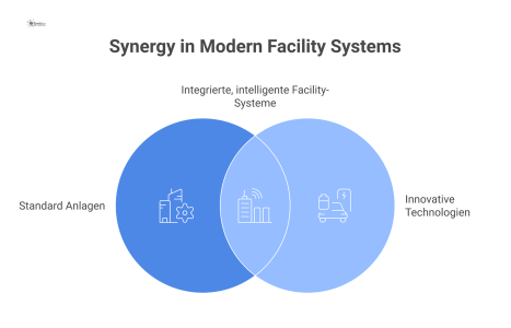Infografik zur Vernetzung von Standardanlagen und innovativen Technologien wie Batteriespeichern und Wasserstoff in einer modernen Gebäudestruktur.