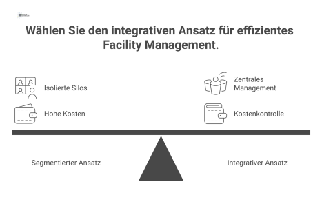 Infografik vergleicht den chaotischen, segmentierten Ansatz im Facility Management mit dem geordneten, integrativen Ansatz für mehr Effizienz.