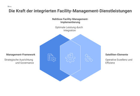 Infografik mit einem zentralen Management-Framework, umgeben von Satelliten wie KPIs, SLAs, Projektablauf, Synergien und weiteren verbundenen Elementen.