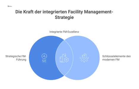 Diagramm mit strategischer FM-Führung im Zentrum, von der Pfeile auf Standardisierung, Nachhaltigkeit, Energieeffizienz, Nutzerwohlbefinden und Management-Tools zeigen.