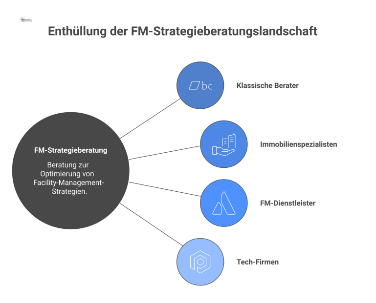 Eine Wettbewerbslandschaft, die Anbieter von FM-Strategieberatung in vier Cluster gruppiert und deren Kernleistungen wie ESG-Strategie und Digitalisierung darstellt. 
