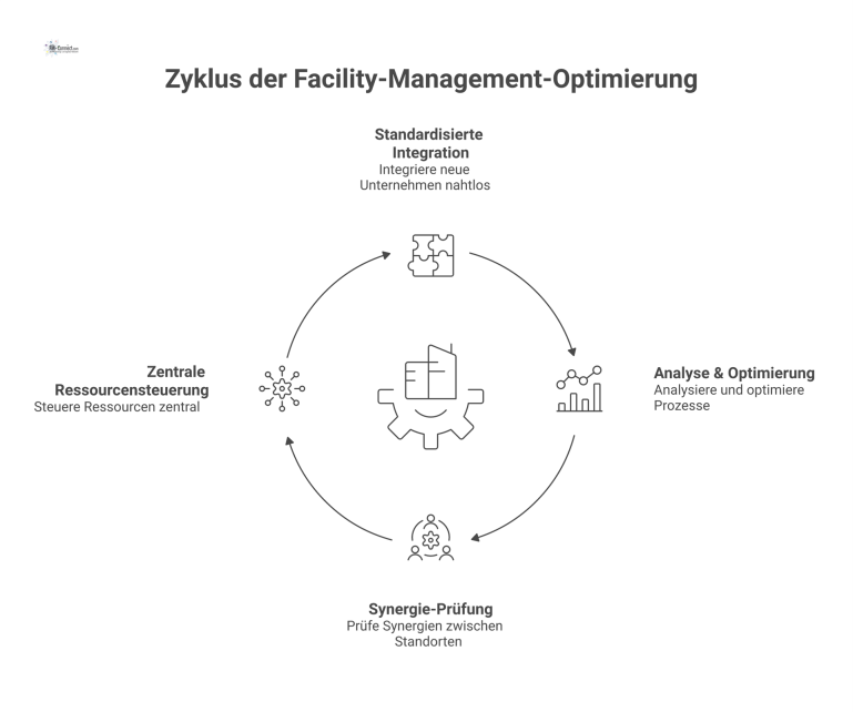 Kontinuierliche Optimierung im Facility Management Kreislaufdiagramm zur kontinuierlichen Optimierung im Facility Management mit vier Phasen, deren Ziel Effizienzsteigerung und wirtschaftliche Ressourcennutzung ist.