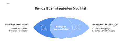 Infografik eines modernen Mobility Hubs vor einem Firmengebäude, der nachhaltige Verkehrsmittel wie Fahrräder, E-Scooter und E-Autos vernetzt. 