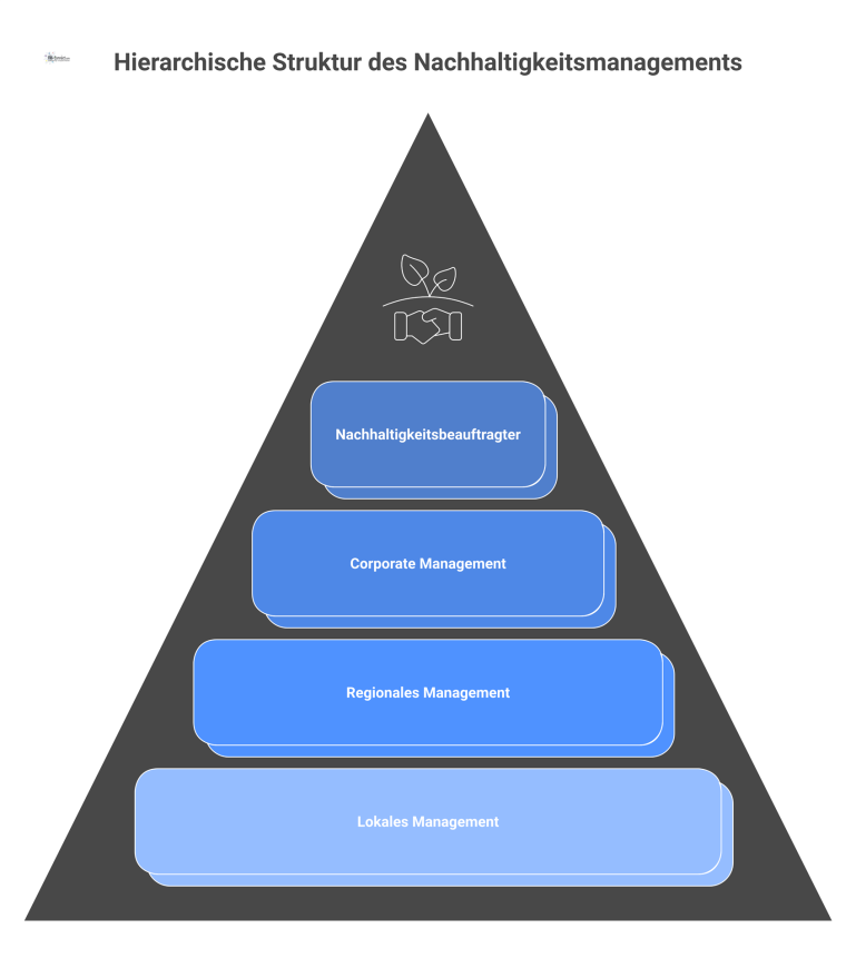 Infografik einer hierarchischen Struktur, in der ein Nachhaltigkeitsbeauftragter ESG-Strategien über die drei Ebenen des Facility Managements koordiniert