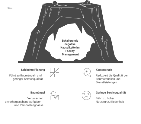 Flussdiagramm einer negativen Kausalkette, die bei Planung und Kostendruck beginnt und in Personalengpässen und Nutzerunzufriedenheit endet.