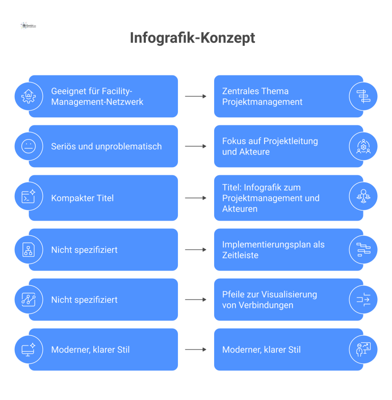Infografik mit der Projektleitung im Zentrum, die einen Implementierungsplan erstellt und die Koordination mit Teams, Dienstleistern und Stakeholdern darstellt.
