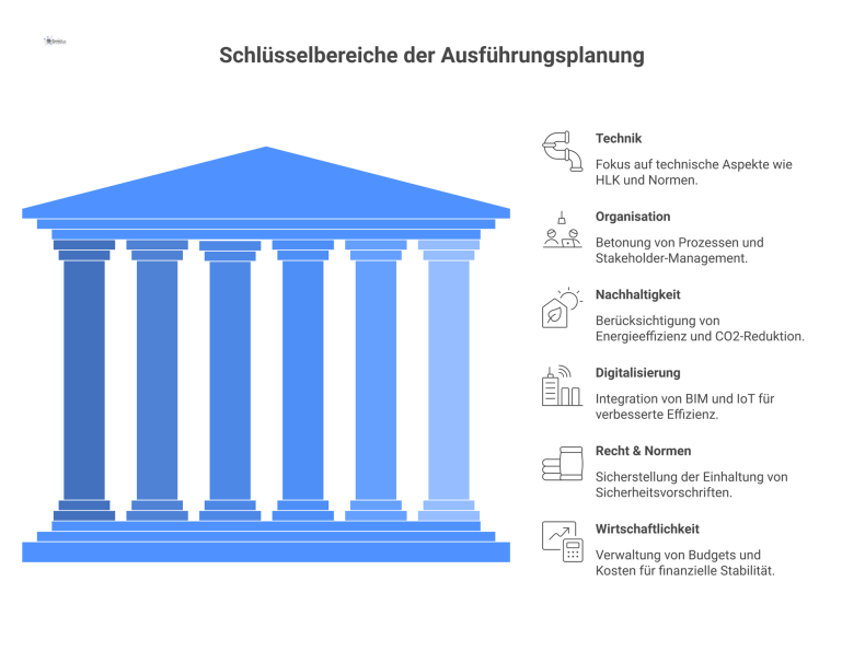 Schlüsselbereiche der Ausführungsplanung Infografik, die sechs vernetzte Säulen der Ausführungsplanung zeigt: Technik, Organisation, Nachhaltigkeit, Digitalisierung, Recht & Normen sowie Wirtschaftlichkeit.