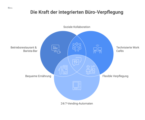 Infografik eines modernen Büro-Verpflegungskonzepts mit zentralem Restaurant, Work Cafés, Automaten und Catering, das auf Kommunikation und Flexibilität abzielt. 