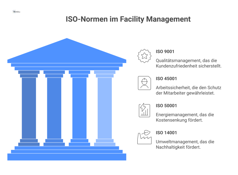 Infografik zeigt Facility Management als zentralen Hub mit vier Zweigen zu den ISO-Normen für Qualität, Arbeitssicherheit, Energie und Umwelt.