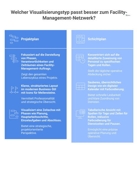 Professionelles Gantt-Diagramm, das einen Projektplan mit Zeitachse, Phasen, Aufgaben und Verantwortlichkeiten für einen Facility-Management-Auftrag darstellt. 