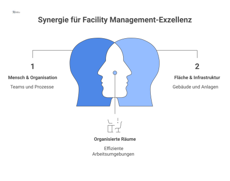 Diagramm, das zeigt, wie strategisches Facility Management die Bereiche Mensch, Organisation, Fläche und Infrastruktur zur Unterstützung des Kerngeschäfts integriert. 