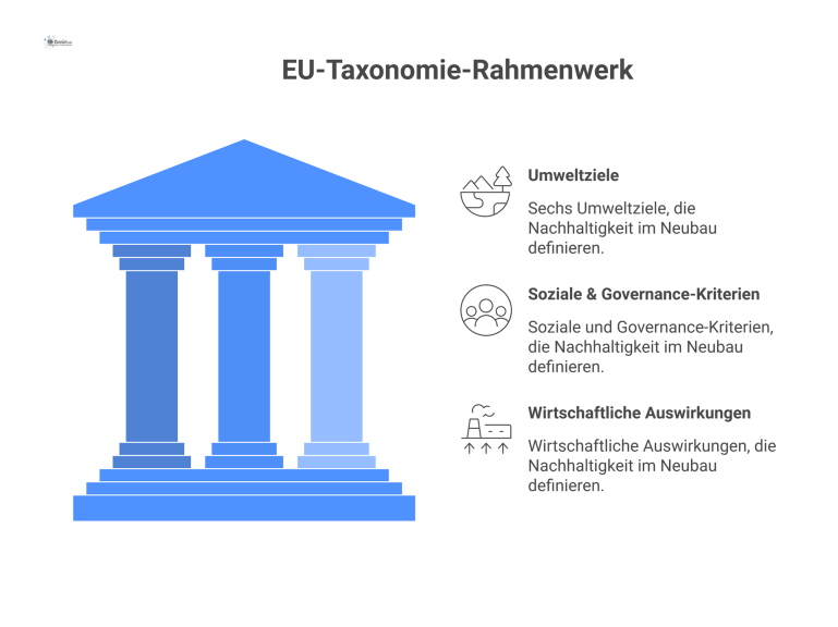 Infografik der EU-Taxonomie-Verordnung, die die drei Säulen für nachhaltigen Neubau zeigt: Umweltziele, soziale Kriterien und wirtschaftliche Auswirkungen.