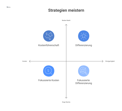 Eine 2x2 Matrix im Infografik-Stil, die Unternehmensstrategien nach Wettbewerbsvorteil und Wettbewerbsumfang mit den Strategien Kostenführerschaft, Differenzierung und Nische zeigt