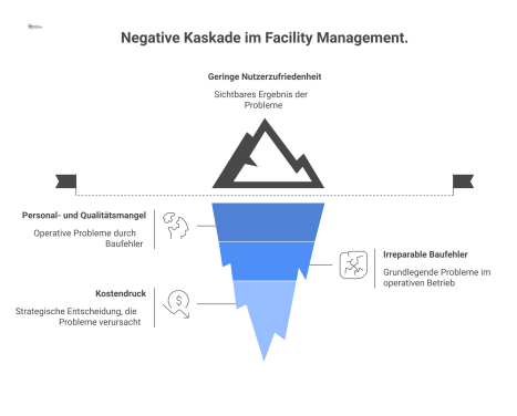 Flussdiagramm einer negativen Kaskade im Facility Management, die von Kostendruck über Baufehler und Personalmangel zu geringer Nutzerzufriedenheit führt. 