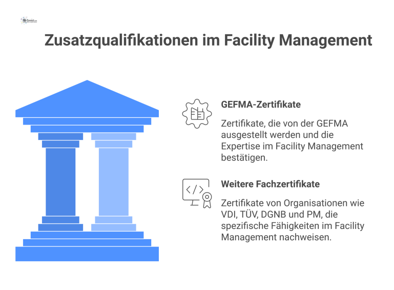Diagramm über Zusatzqualifikationen im Facility Management, das GEFMA-Zertifikate und weitere Fachzertifikate nach Befähigungen, Aufwand und Wert vergleicht. 