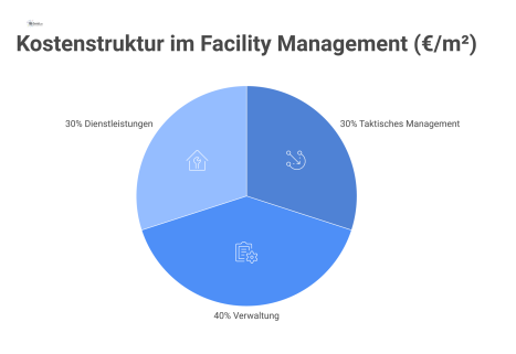  Infografik, welche die Kostenstruktur im Facility Management darstellt. Sie zeigt, wie sich Gesamtkosten aus Management, Verwaltung und Dienstleistungen zusammensetzen.